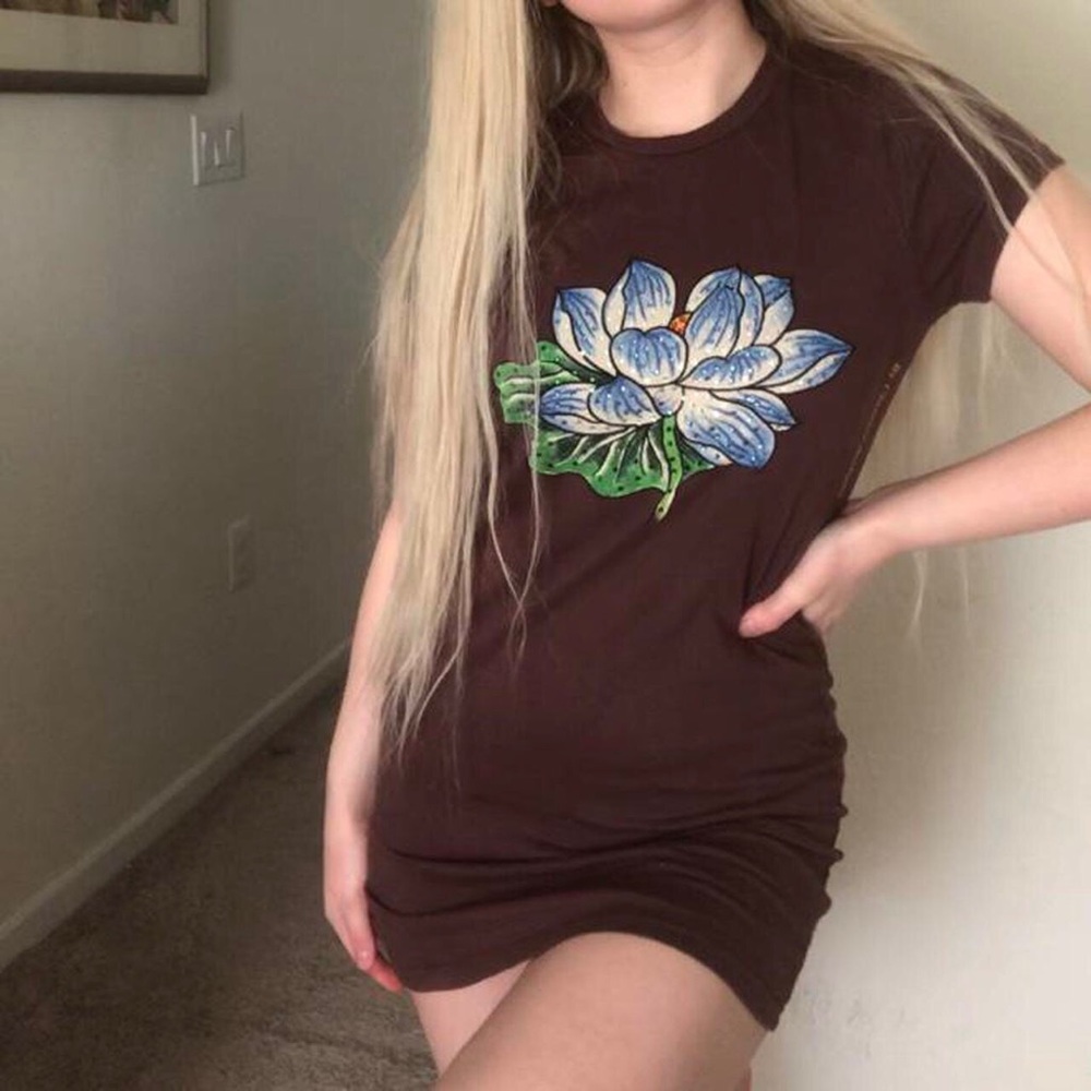 Ed hardy tee shirt dress Brown shirt with an embellished blue flower Size large